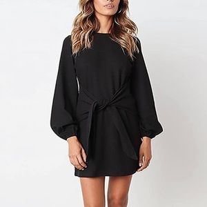 PRETTYGARDEN Women’s Elegant Long Lantern Sleeve Short Dress Crewneck Tie Waist